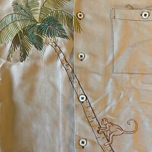 Tori Richard Tan Shirt with Palm Tree and Monkey Design Sz XL